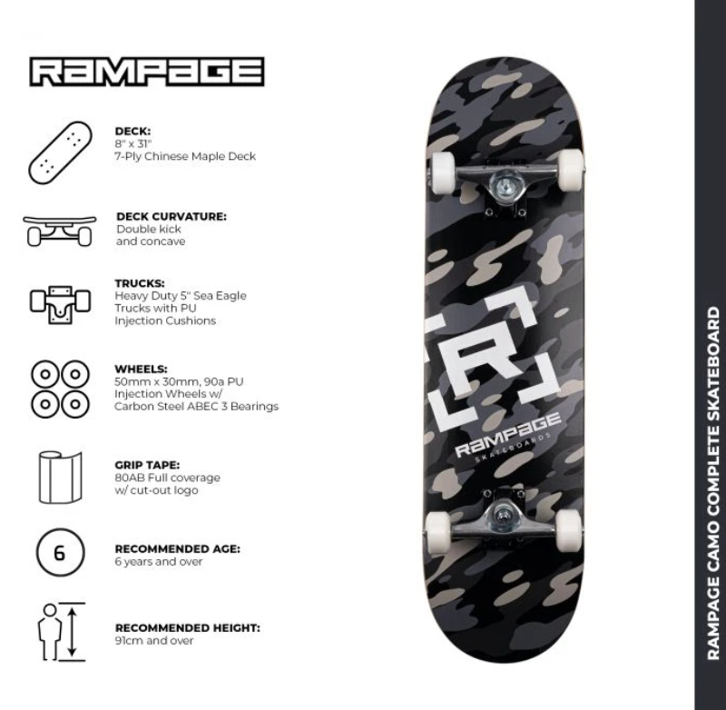 Rampage skateboard Rampage Black Camo Complete Skateboard - 8"