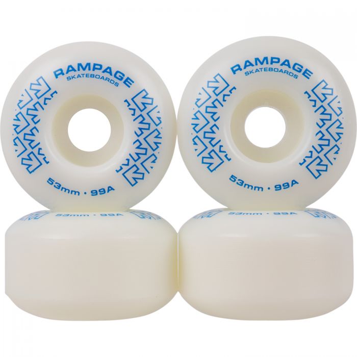 RAMPAGE Skateboard Wheels White/ Blue *NEW* Rampage Skateboard Wheels 99A - 53 x 31mm- 6 COLOURS