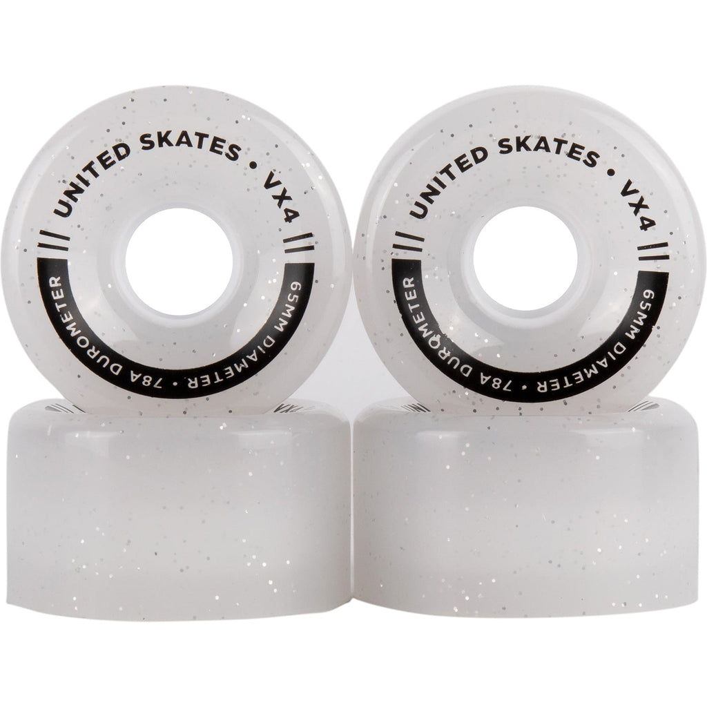 UNITED SKATES skate wheels Clear Glitter *NEW* United Skates VX4 65mm x 36mm 78A Quad Roller Skate Wheels - 11 COLOURS